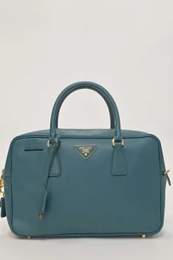 Teal Saffiano leather Vitello Daino rectangle bowler bag with detachable shoulder strap