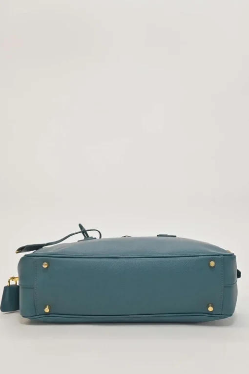 Teal Saffiano leather Vitello Daino rectangle bowler bag with detachable shoulder strap