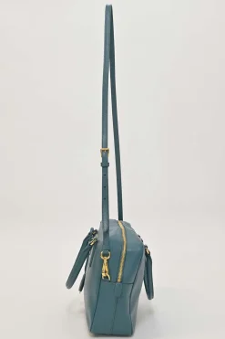 Teal Saffiano leather Vitello Daino rectangle bowler bag with detachable shoulder strap