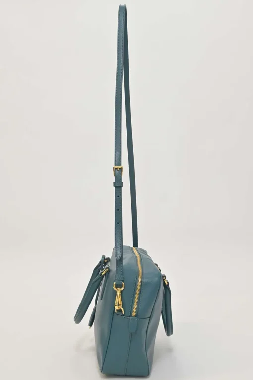 Teal Saffiano leather Vitello Daino rectangle bowler bag with detachable shoulder strap
