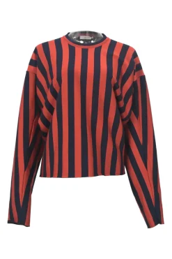 Terracotta and navy cotton-blend striped ponte knit mock neck dolman sleeve pullover top
