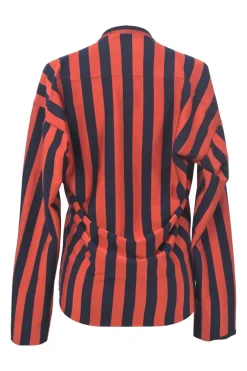 Terracotta and navy cotton-blend striped ponte knit mock neck dolman sleeve pullover top