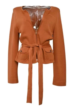 Terracotta cotton-blend ponte-knit tie-waist zip-up jacket