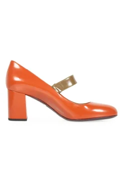 Terracotta leather mary jane with olive strap and block heel