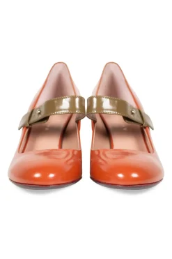 Terracotta leather mary jane with olive strap and block heel