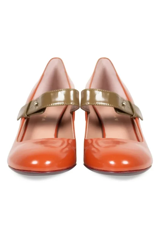 Terracotta leather mary jane with olive strap and block heel