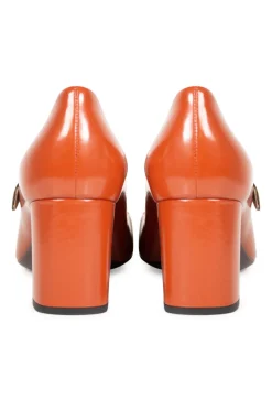 Terracotta leather mary jane with olive strap and block heel