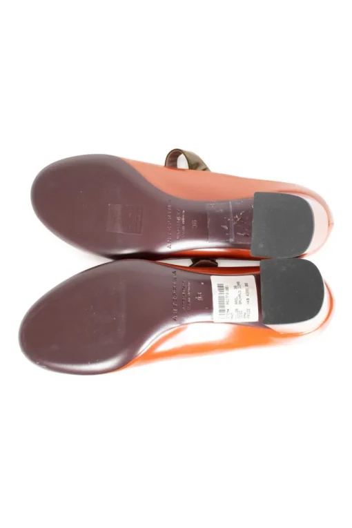 Terracotta leather mary jane with olive strap and block heel