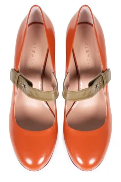 Terracotta leather mary jane with olive strap and block heel