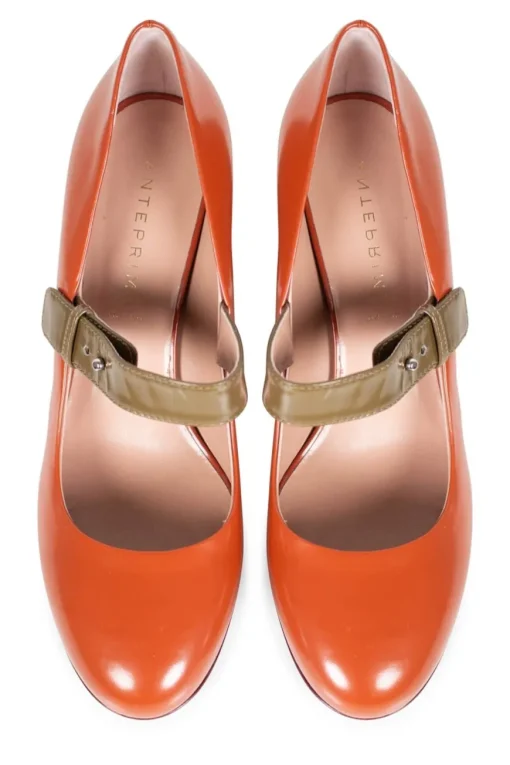 Terracotta leather mary jane with olive strap and block heel