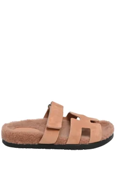 Terracotta suede and shearling Chypre anatomic slide sandals with pull tab miad-arch strap