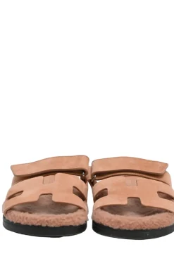 Terracotta suede and shearling Chypre anatomic slide sandals with pull tab miad-arch strap