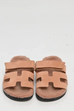 Terracotta suede and shearling Chypre anatomic slide sandals with pull tab miad-arch strap