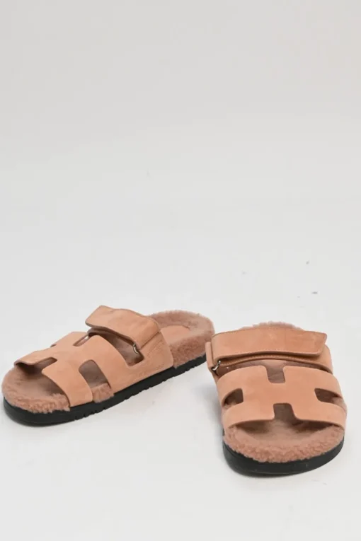 Terracotta suede and shearling Chypre anatomic slide sandals with pull tab miad-arch strap