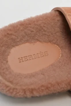 Terracotta suede and shearling Chypre anatomic slide sandals with pull tab miad-arch strap