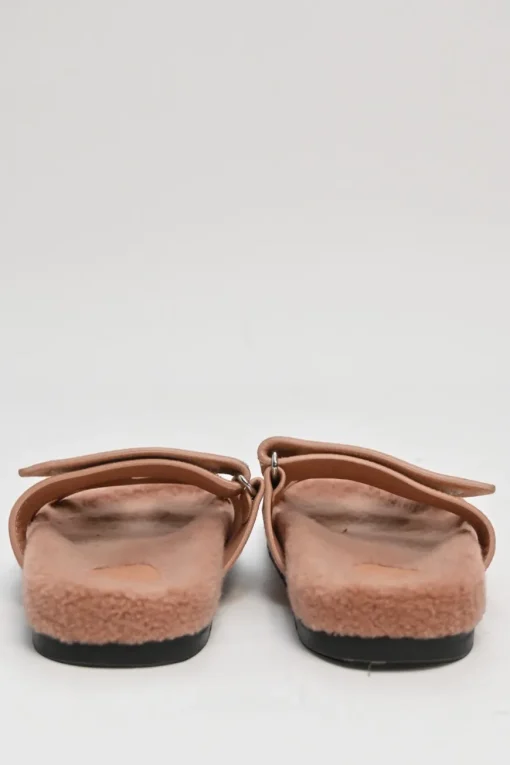 Terracotta suede and shearling Chypre anatomic slide sandals with pull tab miad-arch strap