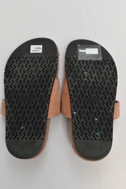 Terracotta suede and shearling Chypre anatomic slide sandals with pull tab miad-arch strap