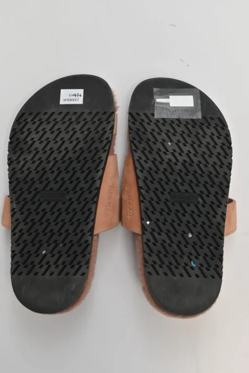 Terracotta suede and shearling Chypre anatomic slide sandals with pull tab miad-arch strap