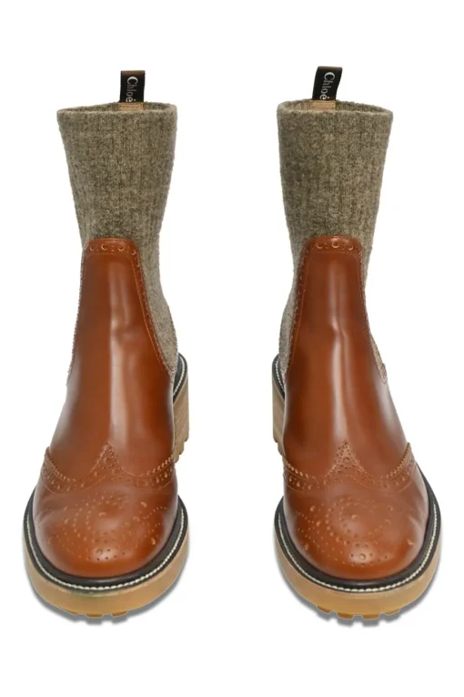 Tobacco leather and rubber Franne half sock lug sole ankle boots