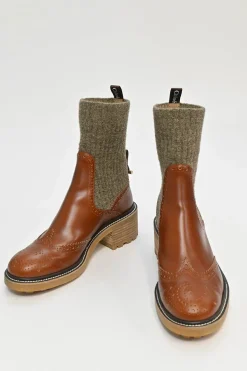 Tobacco leather and rubber Franne half sock lug sole ankle boots