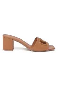 Tobacco leather VLogo cutout block heel slide sandals