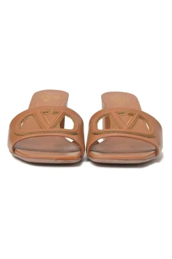 Tobacco leather VLogo cutout block heel slide sandals