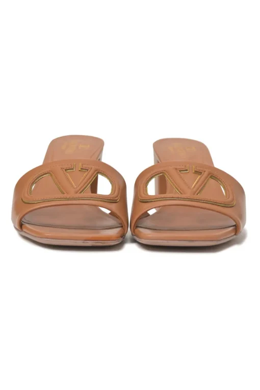 Tobacco leather VLogo cutout block heel slide sandals