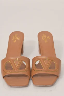 Tobacco leather VLogo cutout block heel slide sandals