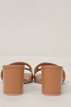 Tobacco leather VLogo cutout block heel slide sandals