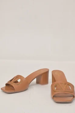 Tobacco leather VLogo cutout block heel slide sandals