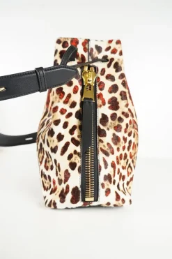Tom Ford calf hair on leopard print black leather shoulder bag with gold tone metal hardware