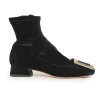 Très Vivier black velvet and leather pull-on buckled ankle booties