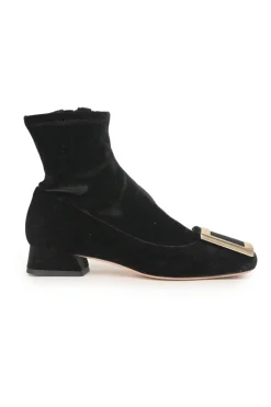 Très Vivier black velvet and leather pull-on buckled ankle booties