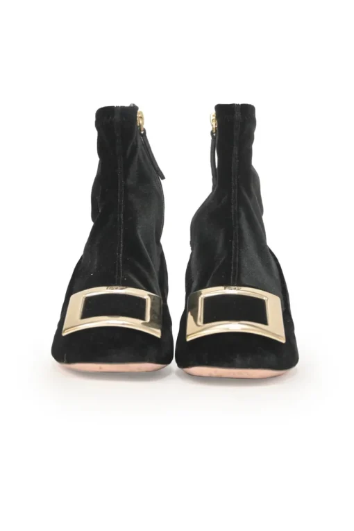 Très Vivier black velvet and leather pull-on buckled ankle booties