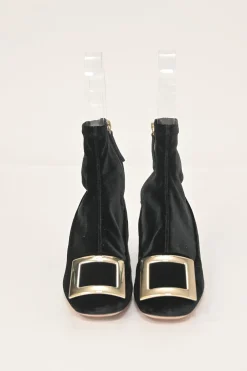 Très Vivier black velvet and leather pull-on buckled ankle booties
