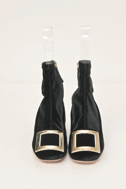 Très Vivier black velvet and leather pull-on buckled ankle booties