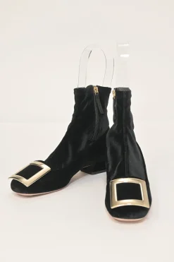 Très Vivier black velvet and leather pull-on buckled ankle booties