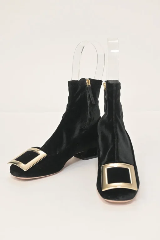 Très Vivier black velvet and leather pull-on buckled ankle booties