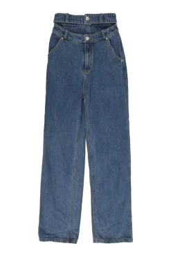 True indigo cotton denim high-rise straight-leg jeans with stacked waistband