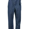 True indigo cotton denim paper-bag waist tapered leg pants with snap buckle belt and tab cuffs