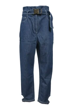 True indigo cotton denim paper-bag waist tapered leg pants with snap buckle belt and tab cuffs