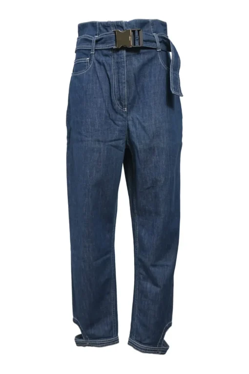 True indigo cotton denim paper-bag waist tapered leg pants with snap buckle belt and tab cuffs