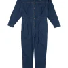 True indigo cotton denim funnel collar button-front darted coveralls with chest patch pocket