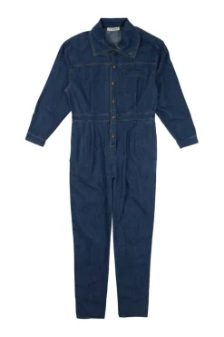 True indigo cotton denim funnel collar button-front darted coveralls with chest patch pocket