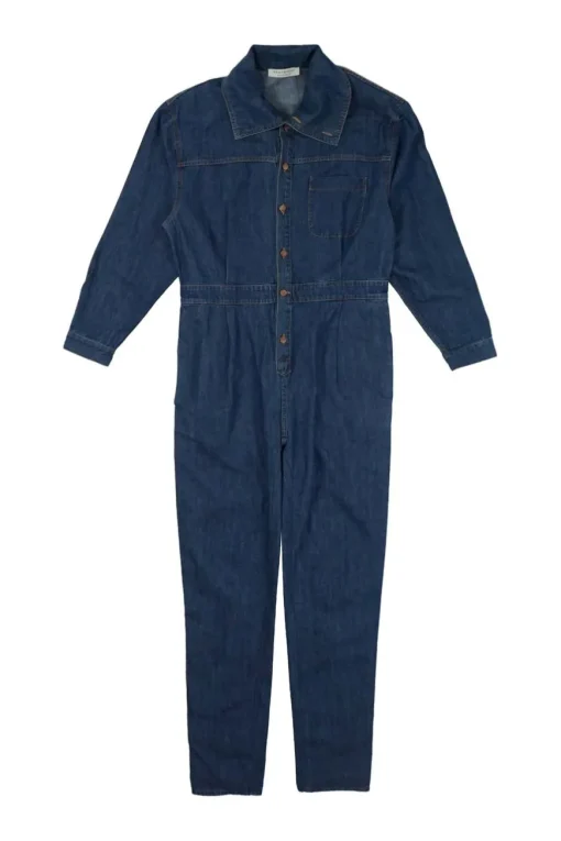 True indigo cotton denim funnel collar button-front darted coveralls with chest patch pocket
