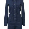 True indigo cotton denim button-front collared romper with guipure lace placket insert