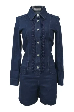 True indigo cotton denim button-front collared romper with guipure lace placket insert