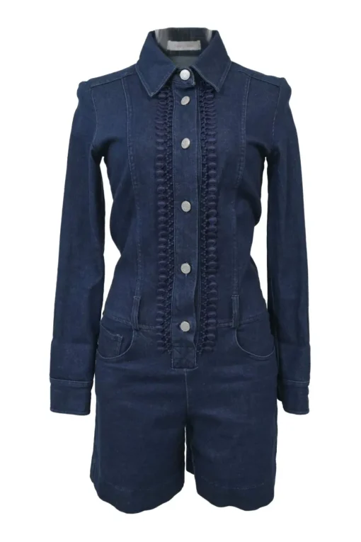 True indigo cotton denim button-front collared romper with guipure lace placket insert