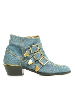 True indigo cotton denim and leather Susanna zip-up ankle boots with stacked buckle vamp straps