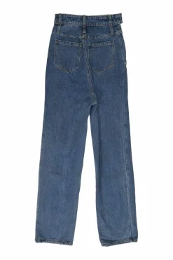 True indigo cotton denim high-rise straight-leg jeans with stacked waistband